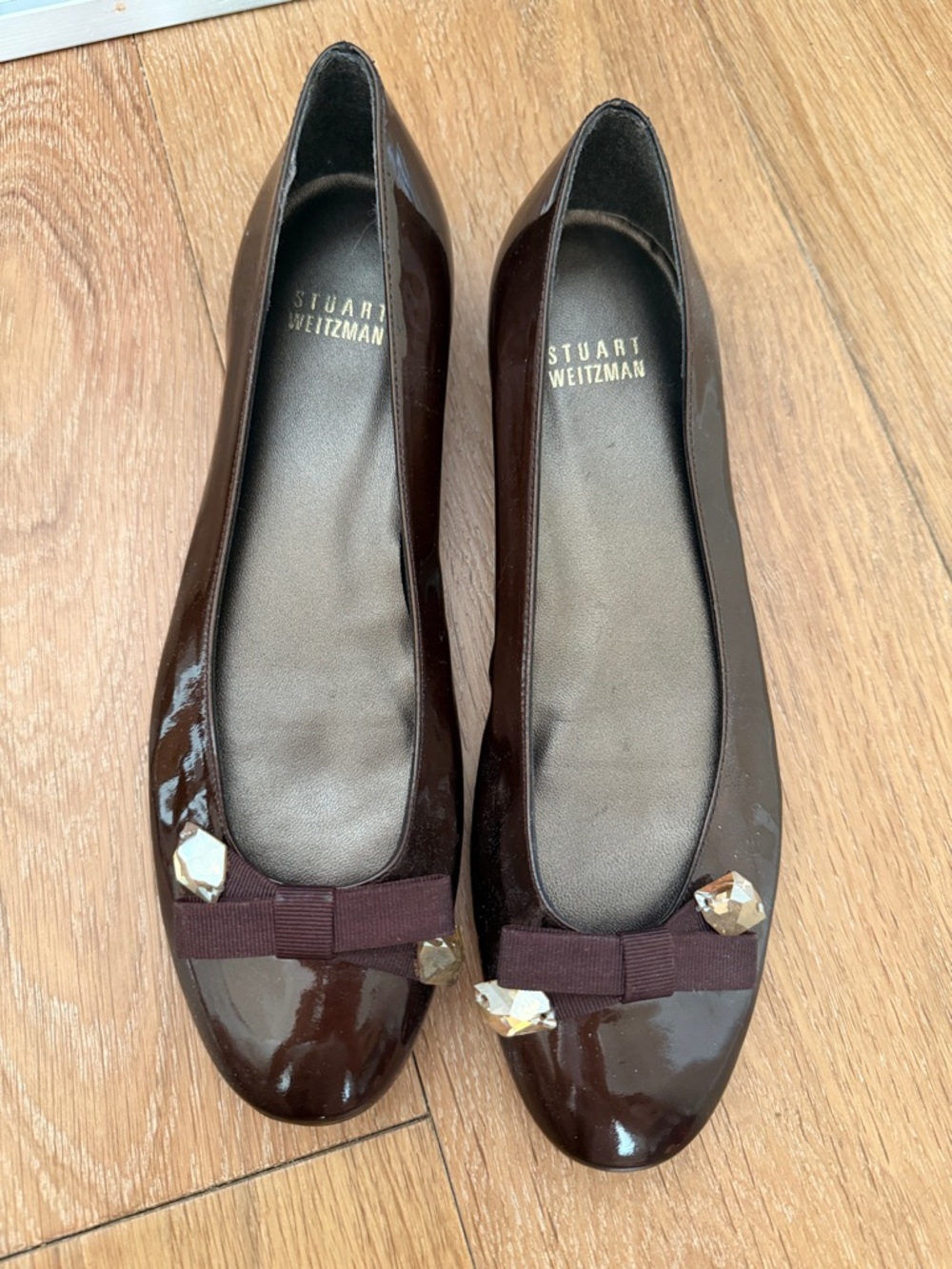 Stuart Weitzman Dark Brown Patent Ballet Flats with Bow and Gem Accents